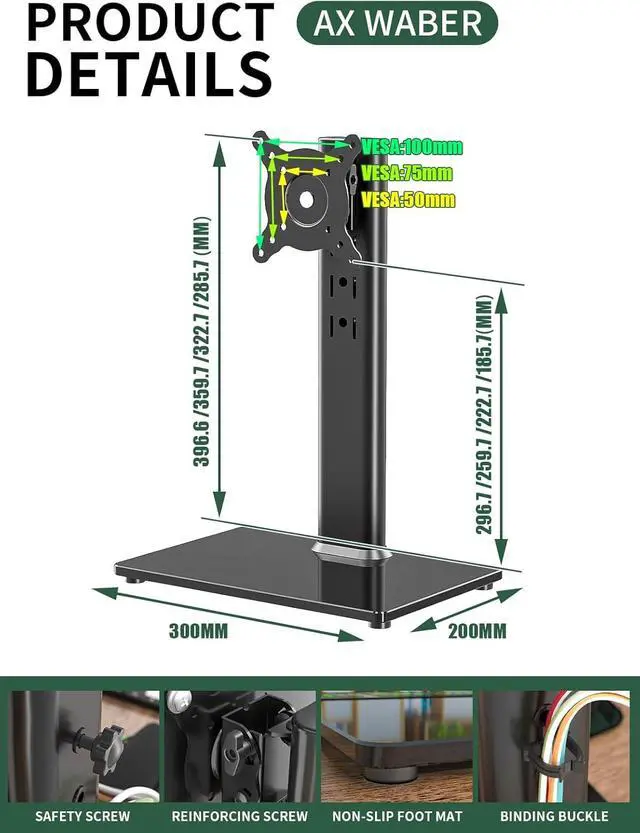 Alt view image 6 of 7 - Single Monitor Desk Stand Free-Standing Desk Mount Arm Riser for 13 inch to 32 inch Screen Freestanding VESA Mount Base, Adjustable Height, Tilt, Swivel, Rotation, Black AX05TB01