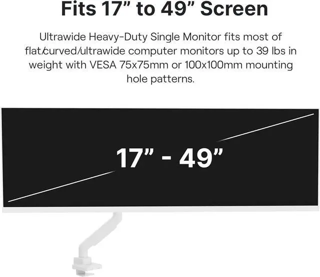 Alt view image 2 of 7 - Pixio PS2S White Ultrawide Heavy-Duty Premium Single Monitor Arm Stand Desk Mount - Fits up to 49 inches Monitors, Weights up to 39lbs Flat / 31lbs Curved, Compatible with VESA 75x75 100x100mm