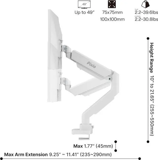 Alt view image 4 of 7 - Pixio PS2S White Ultrawide Heavy-Duty Premium Single Monitor Arm Stand Desk Mount - Fits up to 49 inches Monitors, Weights up to 39lbs Flat / 31lbs Curved, Compatible with VESA 75x75 100x100mm