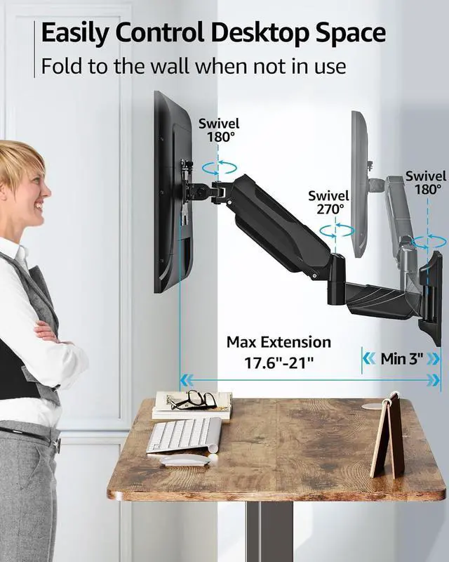Alt view image 3 of 7 - MOUNTUP Monitor Wall Mount for 17-32 Inch Computer Screen, Wall Mounted Arm Support 4.4-17.6lbs Display, Gas Spring Monitor Arm, VESA Bracket for VESA 75x75mm and 100x100mm, Black