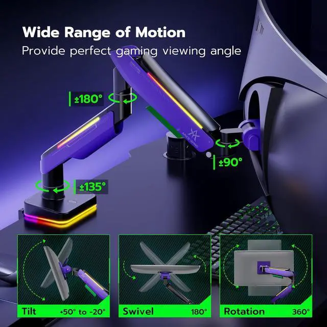 Alt view image 3 of 7 - Monitor Mount for 17 to 49 Inch Curved and Ultrawide Monitor, Vesa Mount Support up to 44lbs, Adjustable Gas Spring Clamp and Grommet Desk Mount Monitor Stand, Purple
