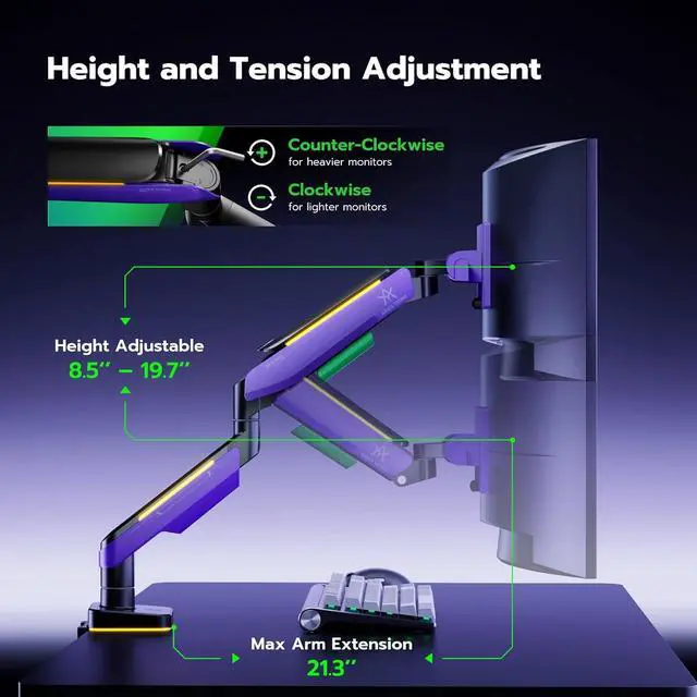 Alt view image 4 of 7 - Monitor Mount for 17 to 49 Inch Curved and Ultrawide Monitor, Vesa Mount Support up to 44lbs, Adjustable Gas Spring Clamp and Grommet Desk Mount Monitor Stand, Purple
