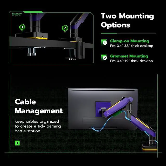 Alt view image 7 of 7 - Monitor Mount for 17 to 49 Inch Curved and Ultrawide Monitor, Vesa Mount Support up to 44lbs, Adjustable Gas Spring Clamp and Grommet Desk Mount Monitor Stand, Purple