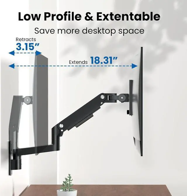 Alt view image 3 of 7 - PUTORSEN Monitor Wall Mount Arm - Heavy Duty for Ultrawide Computer up to 49 inches and 44 lbs with Gas Spring, Full Motion Adjustable, Max VESA 200x200