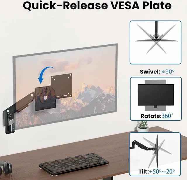 Alt view image 4 of 7 - PUTORSEN Monitor Wall Mount Arm - Heavy Duty for Ultrawide Computer up to 49 inches and 44 lbs with Gas Spring, Full Motion Adjustable, Max VESA 200x200