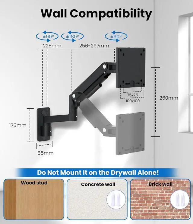 Alt view image 7 of 7 - PUTORSEN Monitor Wall Mount Arm - Heavy Duty for Ultrawide Computer up to 49 inches and 44 lbs with Gas Spring, Full Motion Adjustable, Max VESA 200x200
