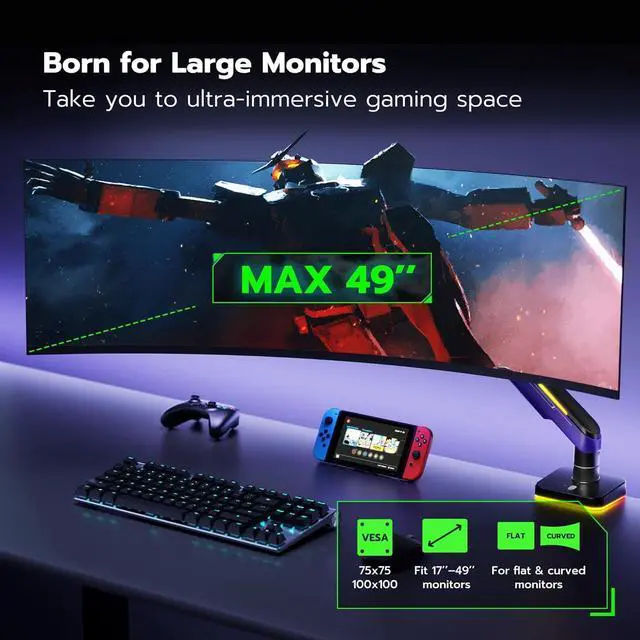 Alt view image 5 of 7 - Monitor Mount for 17 to 49 Inch Curved and Ultrawide Monitor, Vesa Mount Support up to 44lbs, Adjustable Gas Spring Clamp and Grommet Desk Mount Monitor Stand, Purple