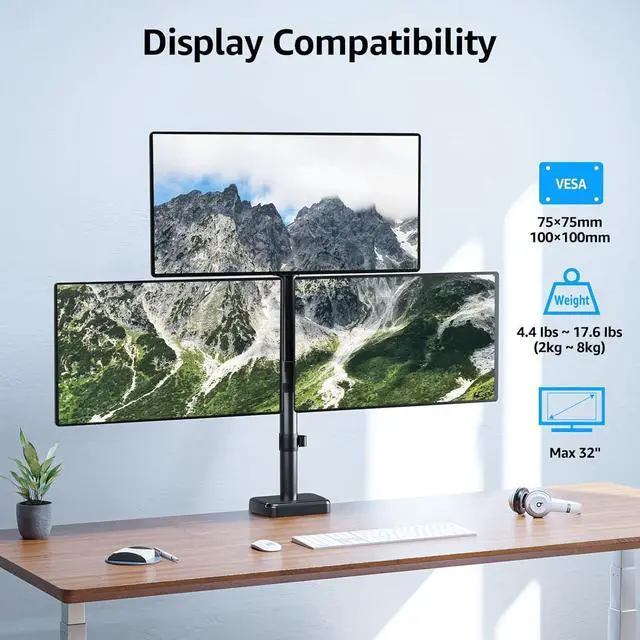 Alt view image 3 of 7 - MOUNTUP Triple Monitor Mount Holds 4.4-17.6lbs, Up to 32 Inch Monitor Stand for 3 Monitors, Triple Monitor Stand with Gas Spring Arm with Clamp/Grommet Base VESA 75x75/100x100 MU6013A