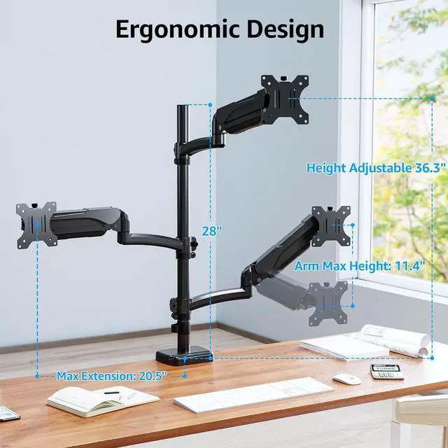 Alt view image 4 of 7 - MOUNTUP Triple Monitor Mount Holds 4.4-17.6lbs, Up to 32 Inch Monitor Stand for 3 Monitors, Triple Monitor Stand with Gas Spring Arm with Clamp/Grommet Base VESA 75x75/100x100 MU6013A