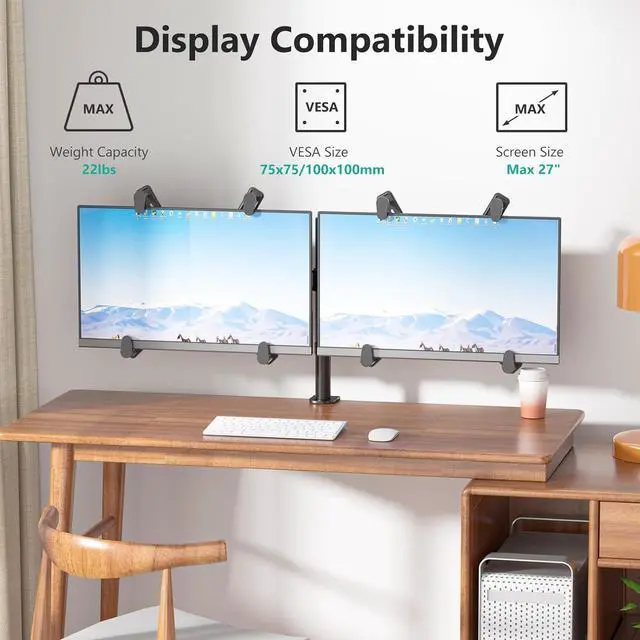 Alt view image 2 of 7 - WALI Dual Monitor Arm Desk Mount, with Mounting Adaptor Brackets, Monitor Arm Holds Up to 27" Screens Without Mounting Holes, Adjustable Stand for Home, Office, School Application, (M002U), Black