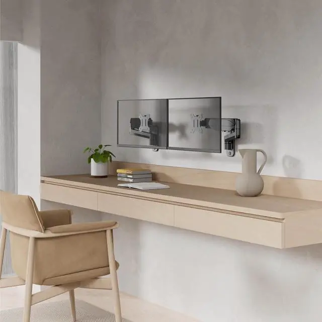 Alt view image 2 of 6 - 2 Pack Single Monitor Wall Mount for Flush/Vertical Setup, Computer Monitor Wall Arm for Two 17-32 inch Flat/Curved Screens, Fully Adjustable Gas Spring Wall Mounted Stand