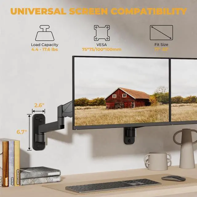 Alt view image 3 of 6 - 2 Pack Single Monitor Wall Mount for Flush/Vertical Setup, Computer Monitor Wall Arm for Two 17-32 inch Flat/Curved Screens, Fully Adjustable Gas Spring Wall Mounted Stand