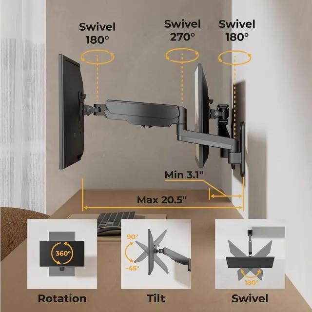 Alt view image 4 of 6 - 2 Pack Single Monitor Wall Mount for Flush/Vertical Setup, Computer Monitor Wall Arm for Two 17-32 inch Flat/Curved Screens, Fully Adjustable Gas Spring Wall Mounted Stand