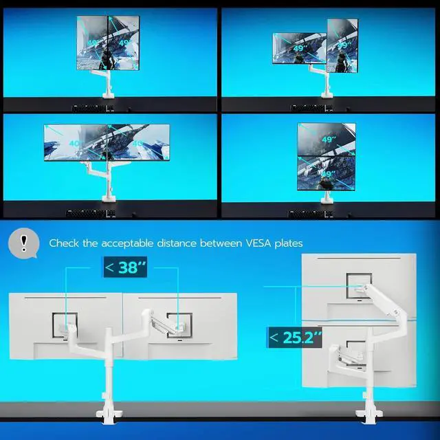Alt view image 2 of 7 - Dual Monitor Arm for Ultrawide Heavy Duty Curved Monitor Stacking, Fits 17-49 Inch, Vertical Gas Spring Double Monitor Mount with USB, Adjustable Dual Monitor Mount for Desk, White