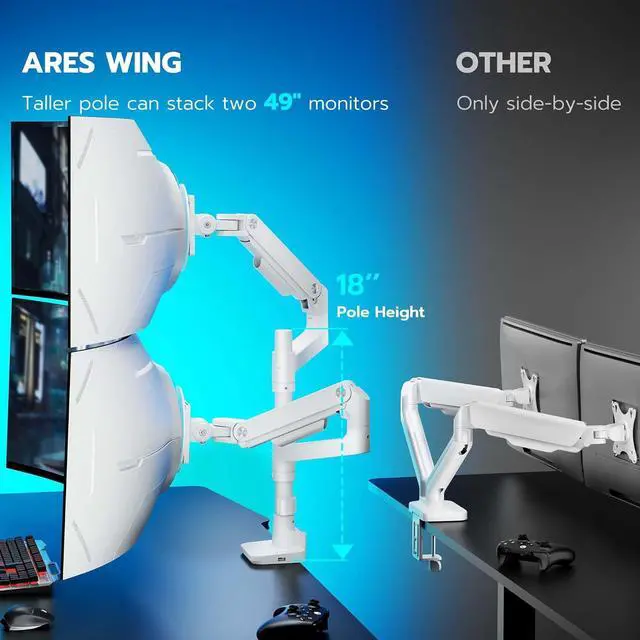 Alt view image 3 of 7 - Dual Monitor Arm for Ultrawide Heavy Duty Curved Monitor Stacking, Fits 17-49 Inch, Vertical Gas Spring Double Monitor Mount with USB, Adjustable Dual Monitor Mount for Desk, White