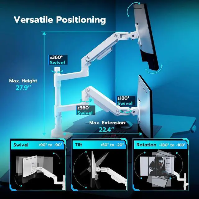 Alt view image 4 of 7 - Dual Monitor Arm for Ultrawide Heavy Duty Curved Monitor Stacking, Fits 17-49 Inch, Vertical Gas Spring Double Monitor Mount with USB, Adjustable Dual Monitor Mount for Desk, White