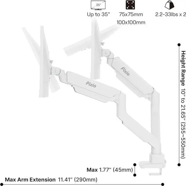 Alt view image 4 of 7 - Pixio PS2D White Ultrawide Heavy-Duty Premium Dual Monitor Arm Stand Desk Mount - Fits up to 35 inches Two Monitors, Weights up to 33 lbs Each, Compatible with VESA 75x75mm 100x100mm