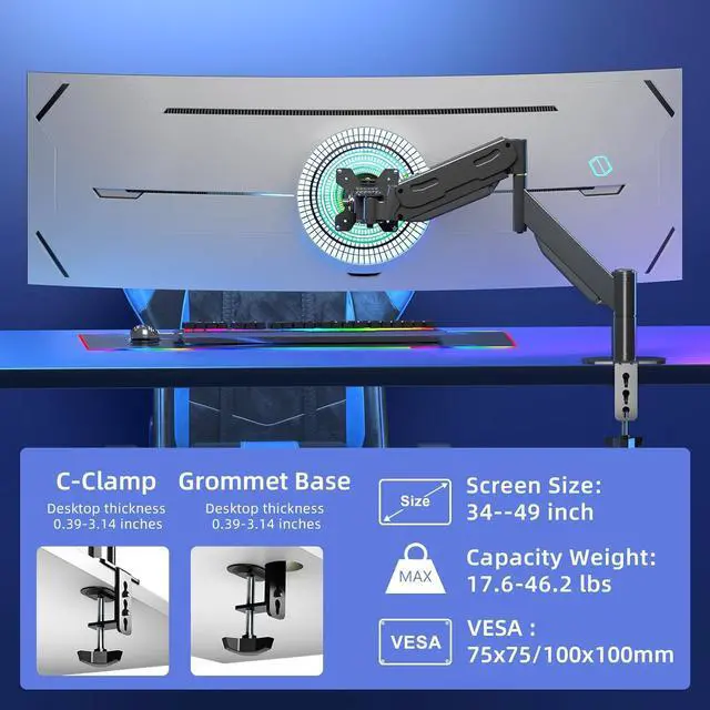 Alt view image 2 of 7 - Pholiten Premium Aluminum Heavy Duty Monitor ArmUltrawide Monitor Arm,Full Motion Single Monitor Mount for Computer Screens up to 49 inchs and 46.2lbs,Adjustable Clamp and Grommet Monitor Mount.