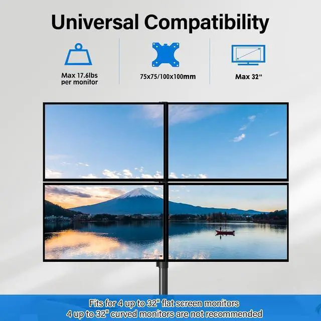 Alt view image 2 of 7 - MOUNTUP Quad Monitor Stand, 4 Monitor Desk Mount for 13 to 32 inch Computer Screens, Fully Adjustable Stacked Mount with Tilt Swivel, Four Heavy Duty Monitor Mount, Holds up to 17.6lbs per Arm, MU3007