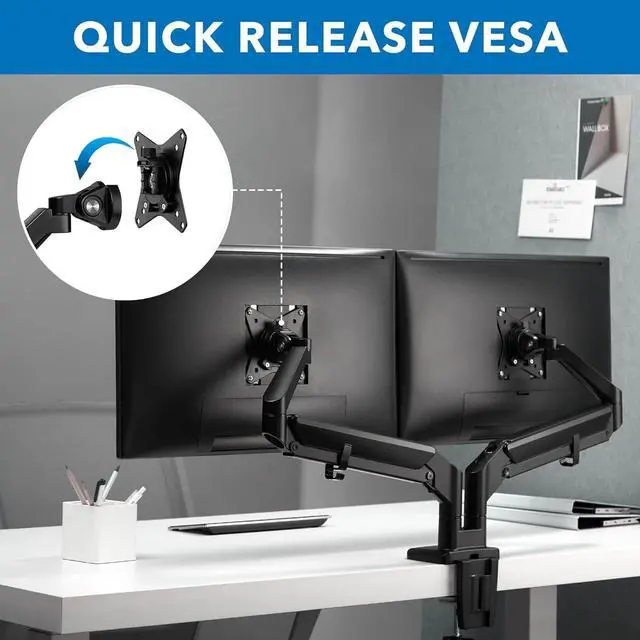 Alt view image 7 of 7 - Mount-It! Dual Monitor Arm for 2 Monitors 17" to 32" Screens, Holds 19.8lbs per Arm, Height Adjustable, Tilt/Swivel/Rotate, Gas Spring System, Max VESA 100x100, C-Clamp & Grommet Base