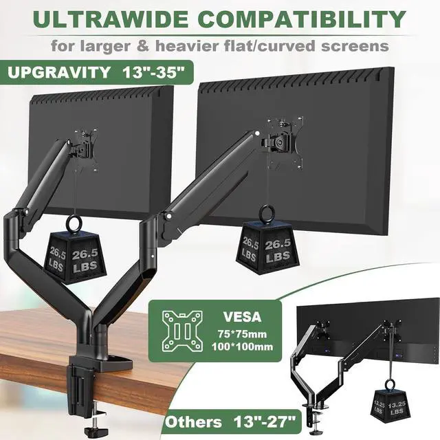 Alt view image 2 of 7 - Dual Monitor Mount, Dual Monitor Desk Mount for Two Ultrawide 22"-34" Flat/Curved Computer Screens, Fully Adjustable Gas Spring Double Monitor Stand Arms Hold 26.5lbs, VESA 75x75/100x100mm