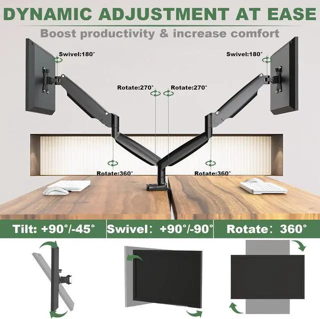 Alt view image 3 of 7 - Dual Monitor Mount, Dual Monitor Desk Mount for Two Ultrawide 22"-34" Flat/Curved Computer Screens, Fully Adjustable Gas Spring Double Monitor Stand Arms Hold 26.5lbs, VESA 75x75/100x100mm