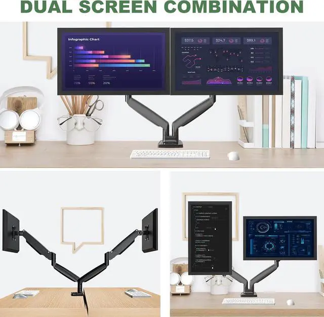 Alt view image 5 of 7 - Dual Monitor Mount, Dual Monitor Desk Mount for Two Ultrawide 22"-34" Flat/Curved Computer Screens, Fully Adjustable Gas Spring Double Monitor Stand Arms Hold 26.5lbs, VESA 75x75/100x100mm