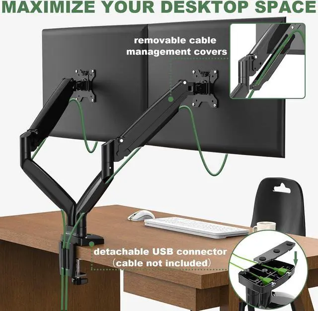Alt view image 7 of 7 - Dual Monitor Mount, Dual Monitor Desk Mount for Two Ultrawide 22"-34" Flat/Curved Computer Screens, Fully Adjustable Gas Spring Double Monitor Stand Arms Hold 26.5lbs, VESA 75x75/100x100mm
