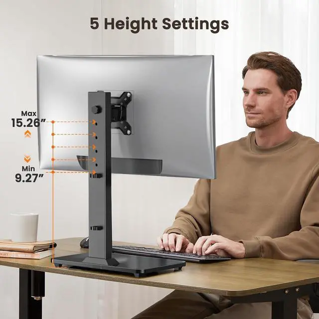 Alt view image 4 of 7 - ErGear Single Monitor Stand for 13-34 inch Screens up to 44 lbs, Free-Standing Monitor Riser with 5 Height Settings, Tabletop VESA Mount with Tempered Glass Base, Max VESA 100x100mm