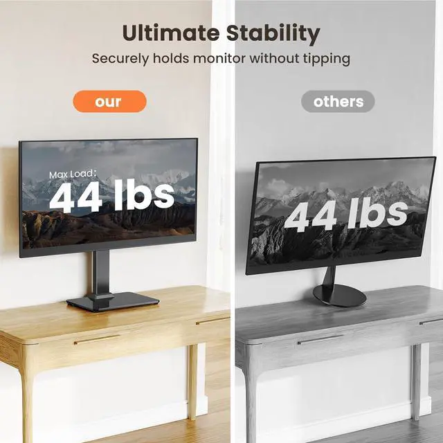 Alt view image 3 of 7 - ErGear Single Monitor Stand for 13-34 inch Screens up to 44 lbs, Free-Standing Monitor Riser with 5 Height Settings, Tabletop VESA Mount with Tempered Glass Base, Max VESA 100x100mm