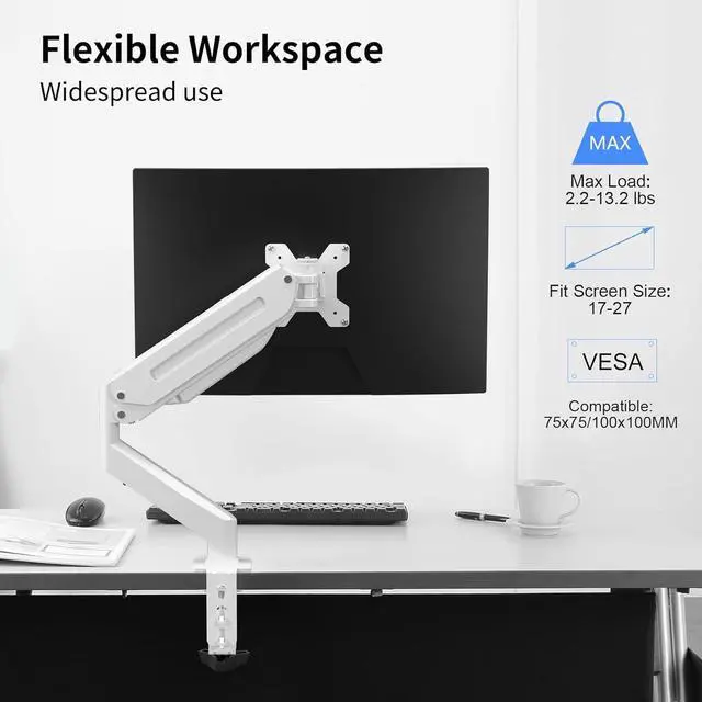 Alt view image 3 of 7 - Suptek Monitor Mount Gas Spring Monitor Arm Desk Mount Fully Adjustable Fits 17 20 22 23 24 26 27 inch Monitors (White)