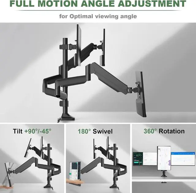 Alt view image 4 of 7 - Triple Monitor Stand, 3 Monitor Desk Mount for Three Flat/Curved Computer Screens up to 32, Heavy-Duty Double C-Clamp Base, Fully Adjustable Gas Spring Monitor Arms Hold up to 30.9lbs Each