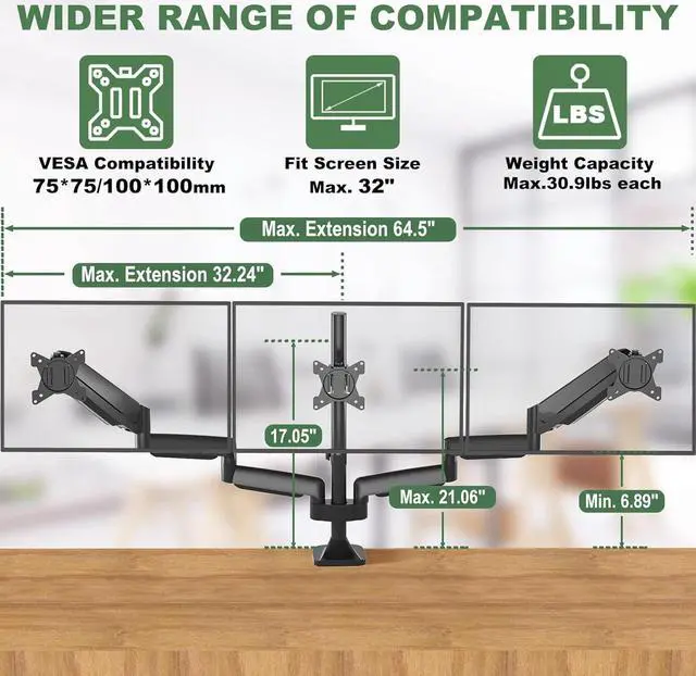 Alt view image 3 of 7 - Triple Monitor Stand, 3 Monitor Desk Mount for Three Flat/Curved Computer Screens up to 32, Heavy-Duty Double C-Clamp Base, Fully Adjustable Gas Spring Monitor Arms Hold up to 30.9lbs Each