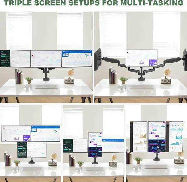 Alt view image 5 of 7 - Triple Monitor Stand, 3 Monitor Desk Mount for Three Flat/Curved Computer Screens up to 32, Heavy-Duty Double C-Clamp Base, Fully Adjustable Gas Spring Monitor Arms Hold up to 30.9lbs Each