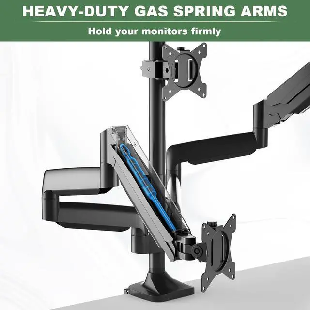 Alt view image 6 of 7 - Triple Monitor Stand, 3 Monitor Desk Mount for Three Flat/Curved Computer Screens up to 32, Heavy-Duty Double C-Clamp Base, Fully Adjustable Gas Spring Monitor Arms Hold up to 30.9lbs Each