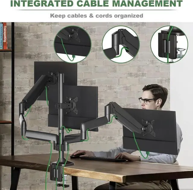 Alt view image 7 of 7 - Triple Monitor Stand, 3 Monitor Desk Mount for Three Flat/Curved Computer Screens up to 32, Heavy-Duty Double C-Clamp Base, Fully Adjustable Gas Spring Monitor Arms Hold up to 30.9lbs Each