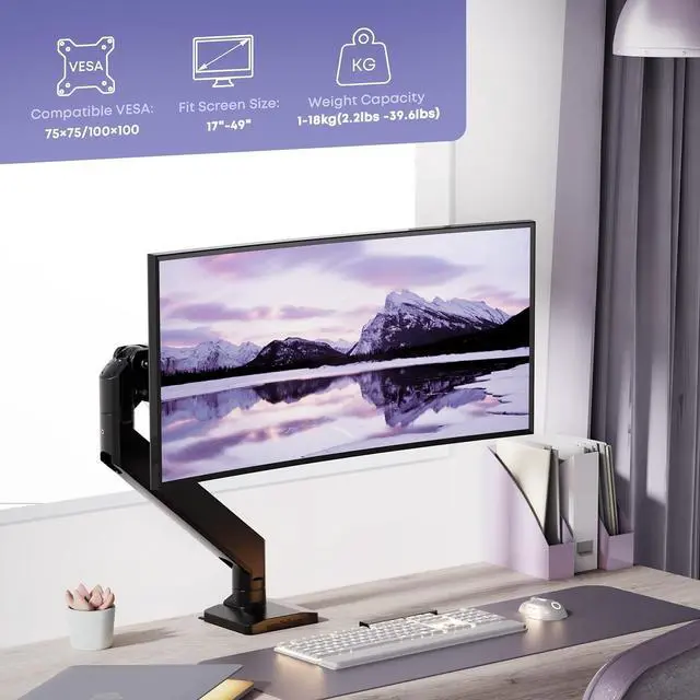Alt view image 2 of 7 - Heavy Duty Monitor Arm for Ultrawide Screens up to 49 inch and 39.6lbs, Premium Aluminum Single Desk Mount Stand with Gas Spring, VESA 75x75/100x100