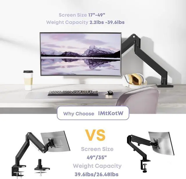 Alt view image 4 of 7 - Heavy Duty Monitor Arm for Ultrawide Screens up to 49 inch and 39.6lbs, Premium Aluminum Single Desk Mount Stand with Gas Spring, VESA 75x75/100x100