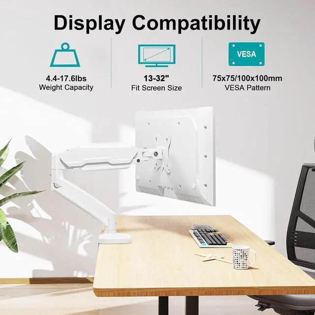 Alt view image 2 of 7 - MOUNT PRO Single Monitor Desk Mount - Articulating Gas Spring Monitor Arm, Removable VESA Mount Desk Stand with Clamp and Grommet Base - Fits 13 to 32 Inch Computer Monitors, VESA 75x75/100x100, White