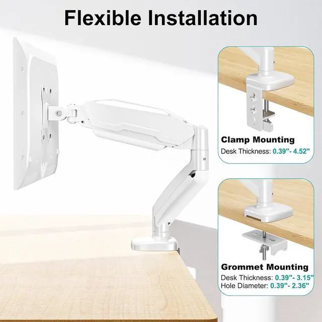 Alt view image 7 of 7 - MOUNT PRO Single Monitor Desk Mount - Articulating Gas Spring Monitor Arm, Removable VESA Mount Desk Stand with Clamp and Grommet Base - Fits 13 to 32 Inch Computer Monitors, VESA 75x75/100x100, White
