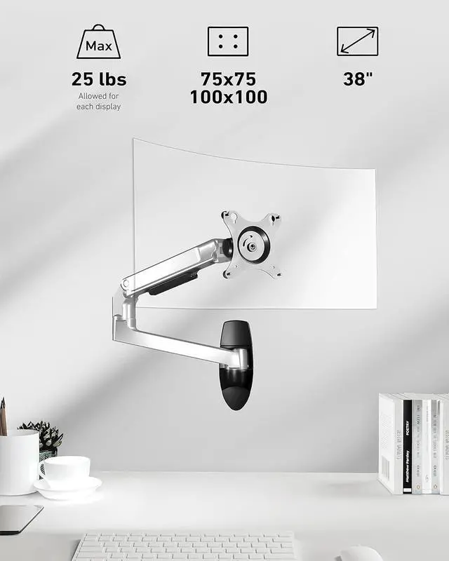 Alt view image 2 of 7 - Monitor Wall Mount for Flat or Curved Screens up to 38" Within 25 lbs, Full Motion Adjustable Monitor Arm Wall Mount with Cable Management, VESA 75x75/100x100mm, Silver