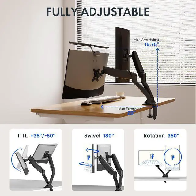 Alt view image 4 of 7 - FlexiSpot Dual Monitor Stand for Desk Adjustable Spring Monitor Arm Desk Mount Hold up to 3.3 to 11lbs Vesa Dual Monitor Mount with C Clamp for 10 to 27 Inch Computer Screens
