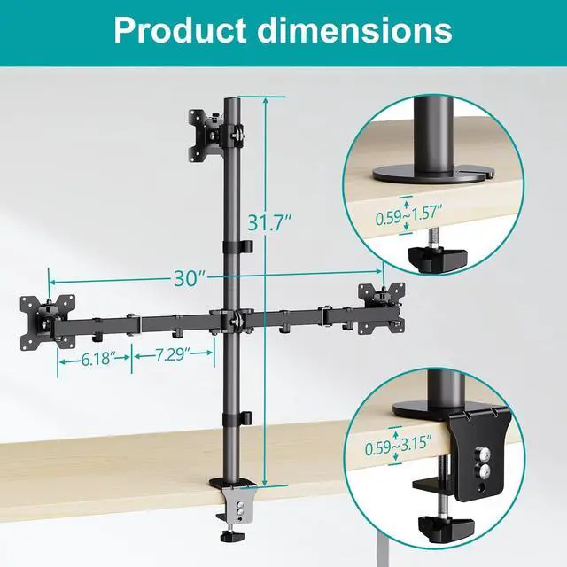 Alt view image 3 of 7 - MOUNT PRO Triple Monitor Mount, Monitor Desk Mount for 3 Screens up to 32 inch, 17.6 lbs Each, Fully Adjustable Stacked Computer Stand, Table VESA Mounting, C clamp/Grommet Base