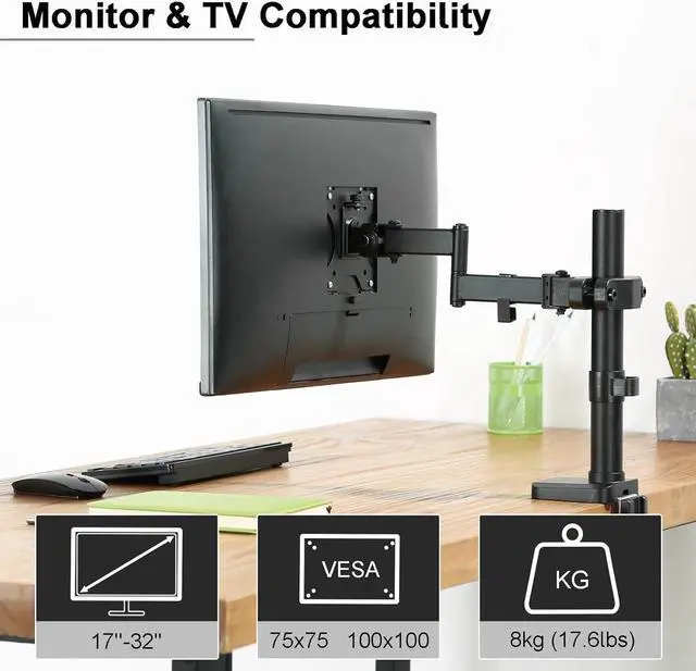 Alt view image 2 of 7 - PUTORSEN Universal VESA Pole Mount, Full Motion TV Pole Mount Fits 17 to 32 inch Screens, with Removable 75mm and 100mm VESA Plate, Vesa Mount Arm Holds up to 8kg/17.6lbs, Black