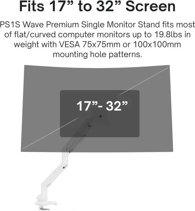 Alt view image 2 of 7 - Pixio PS1S Wave White Single Monitor Arm Stand Desk Mount - Fits up to 32 inches Monitors and up to 19.8lbs. VESA Compatibility and Integrated Cable Management