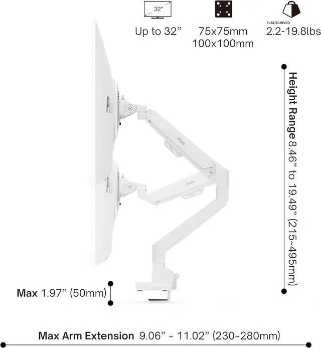 Alt view image 4 of 7 - Pixio PS1S Wave White Single Monitor Arm Stand Desk Mount - Fits up to 32 inches Monitors and up to 19.8lbs. VESA Compatibility and Integrated Cable Management