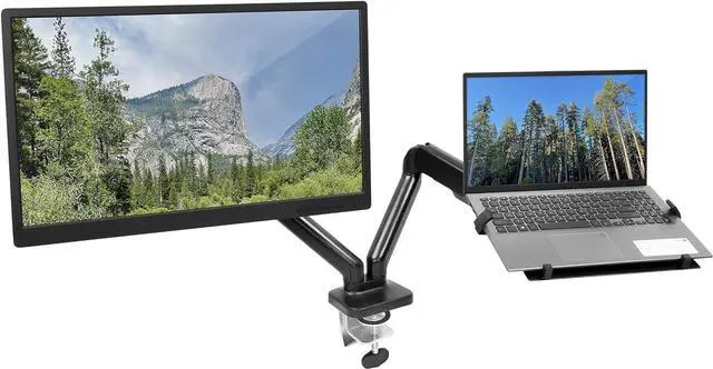 Alt view image 2 of 7 - Mount-It! Laptop and Monitor Desk Stand - Full Motion Laptop Arm Stand - Ergonomic Adjustable Monitor Mount - VESA Monitor Desk Mount with Laptop Tray