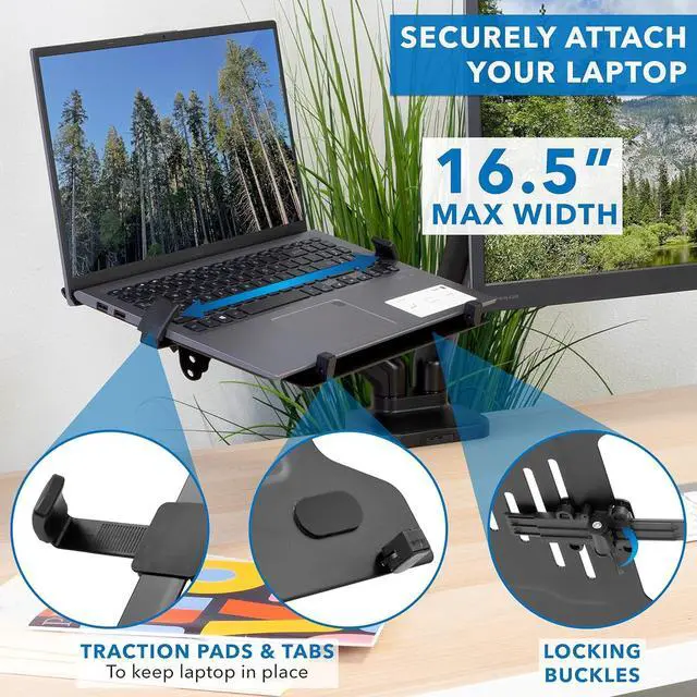 Alt view image 4 of 7 - Mount-It! Laptop and Monitor Desk Stand - Full Motion Laptop Arm Stand - Ergonomic Adjustable Monitor Mount - VESA Monitor Desk Mount with Laptop Tray