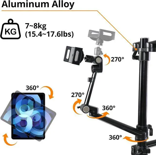 Alt view image 6 of 7 - GVM 5-in-1 Movable Live Streaming Floor Stand Kit with Wheels, Overhead Camera Mount with 10" LED Key Light/Mic Boom Arm/Tablet Laptop Phone Stand/Tray for Live Broadcast Podcast Video Recording Game