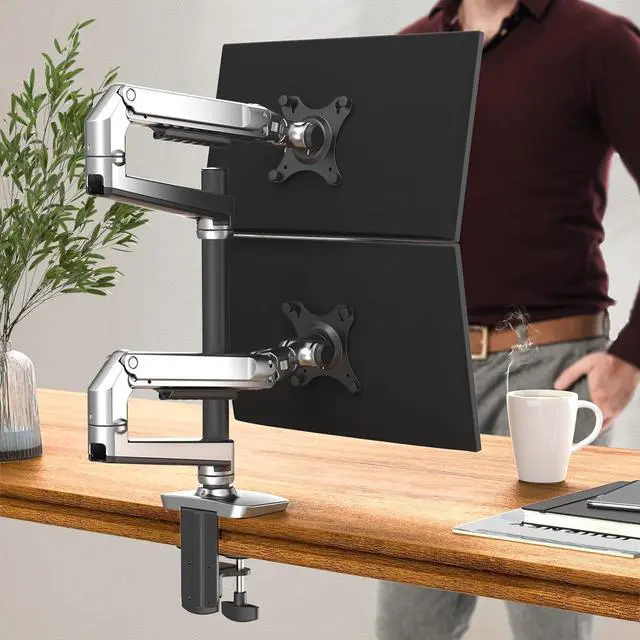 Alt view image 7 of 7 - Dual Monitor Mount, Holds Screens up to 40 Inches and 25 lbs, Fully Adjustable Dual Monitor Arm with C-Clamp and Grommet Base, Aluminum, Silver